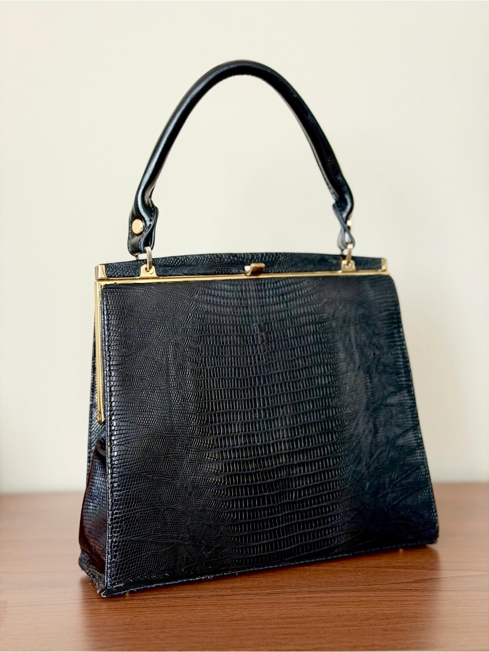 Vintage Black Lizard Embossed Structured Top Handle Handbag